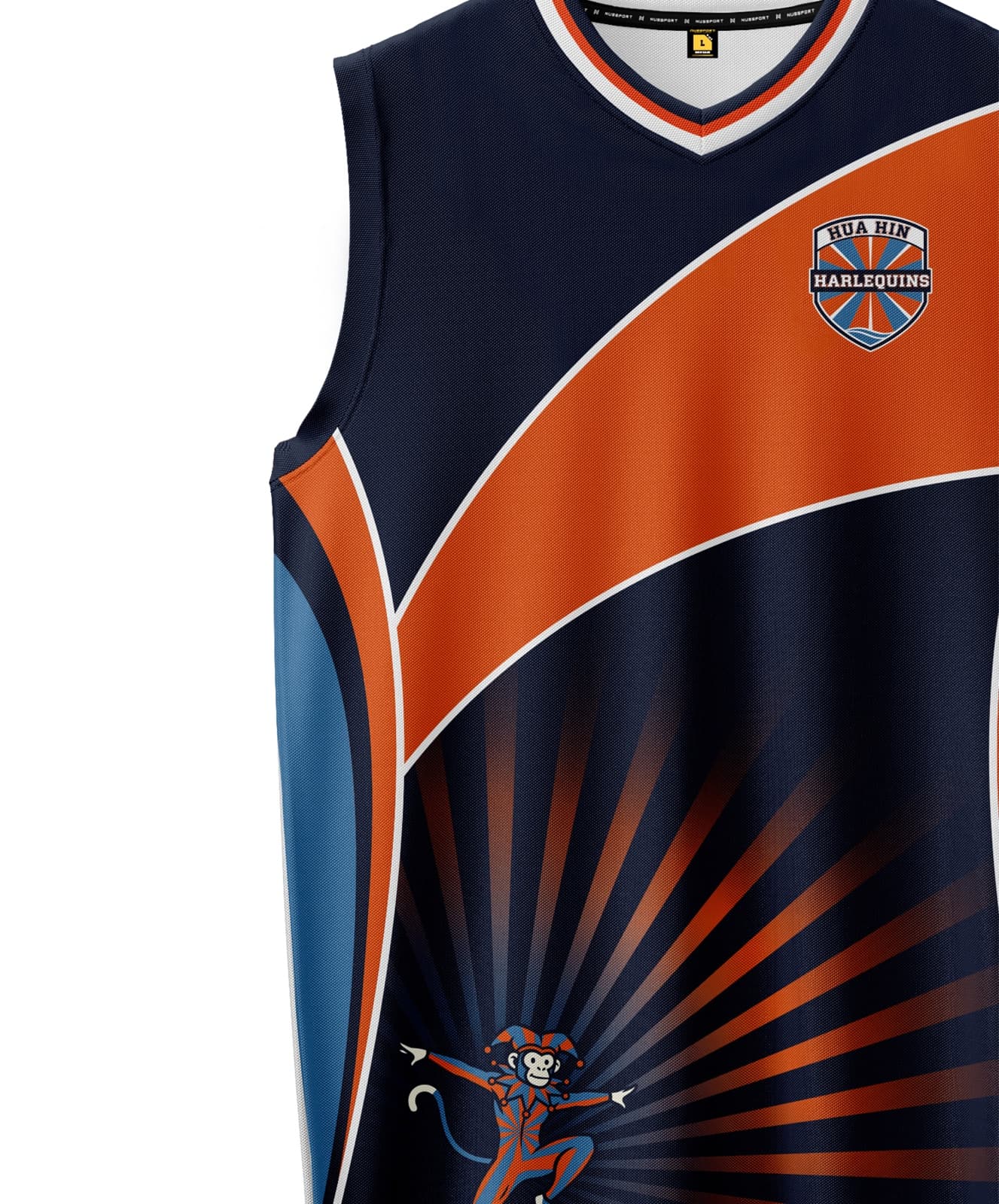 2026 Hua Hin Harlequins match jersey, front view — sleeveless navy + orange with HHH crest and macaque-jester sunburst