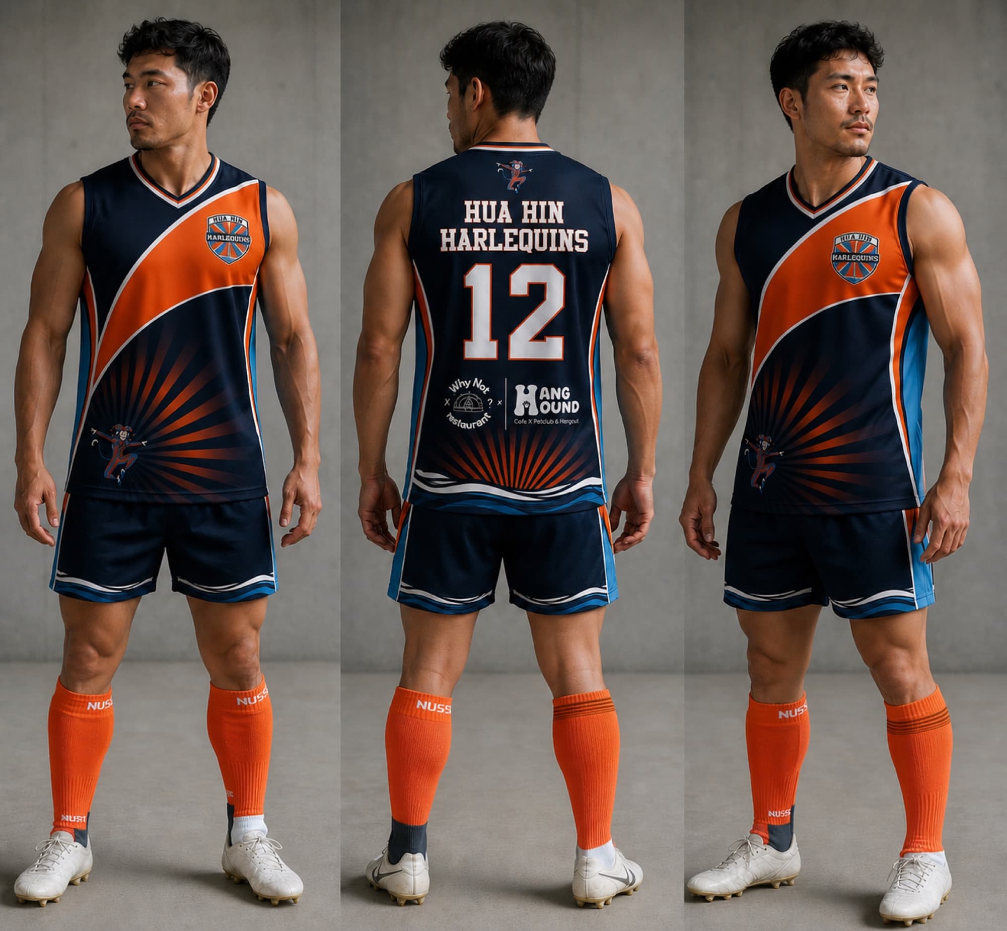 Kit 3 worn — front, back, and side views with orange NUSSPORT socks
